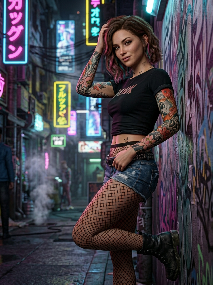 3D CG tech girl in night city alley