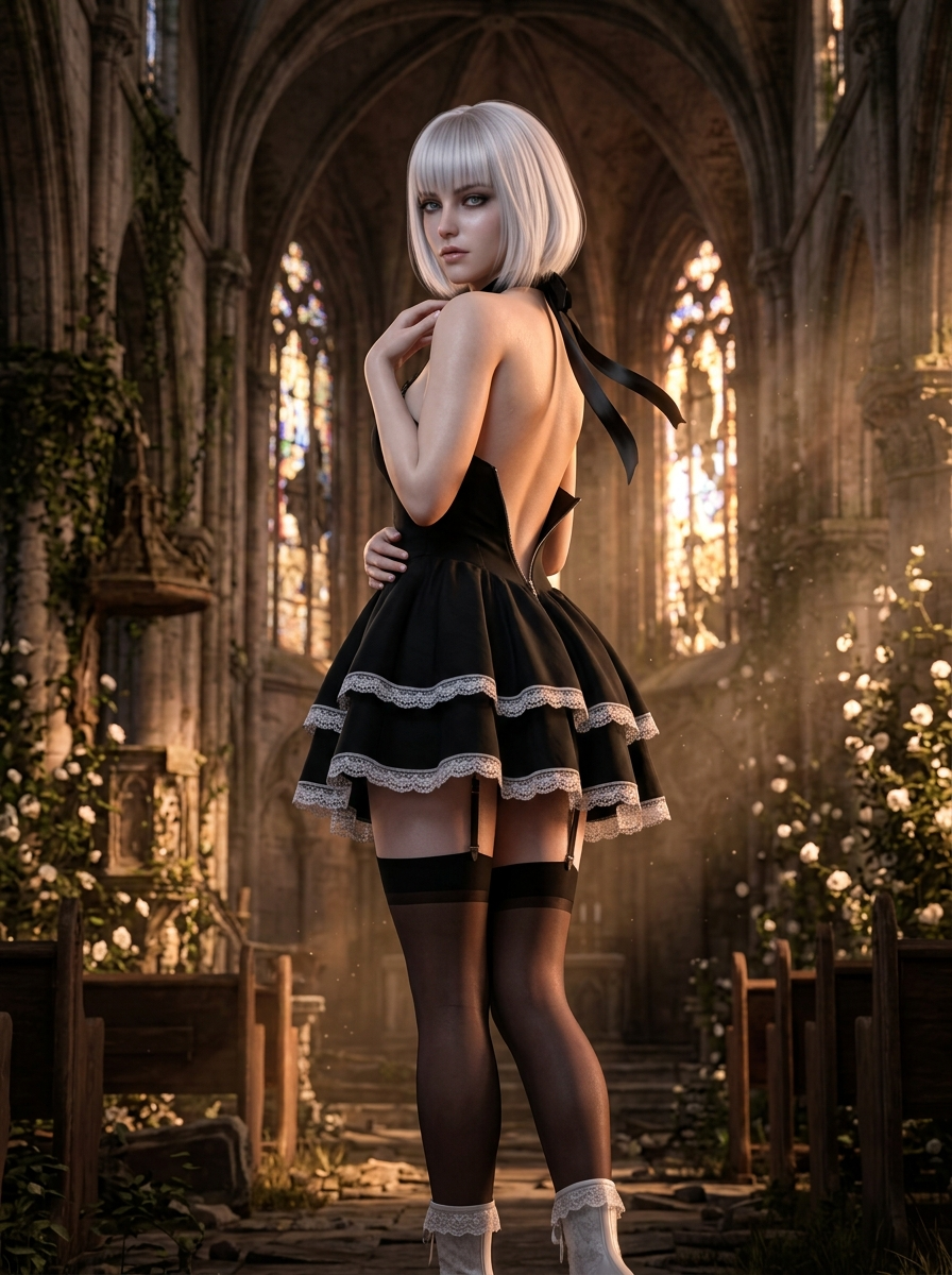 3D CG YoRHa android in ruined gothic cathedral