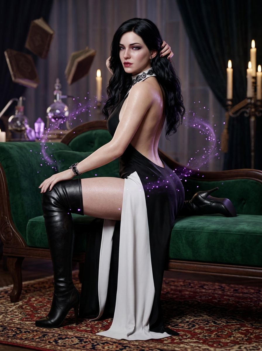 3D CG raven sorceress in amethyst boudoir