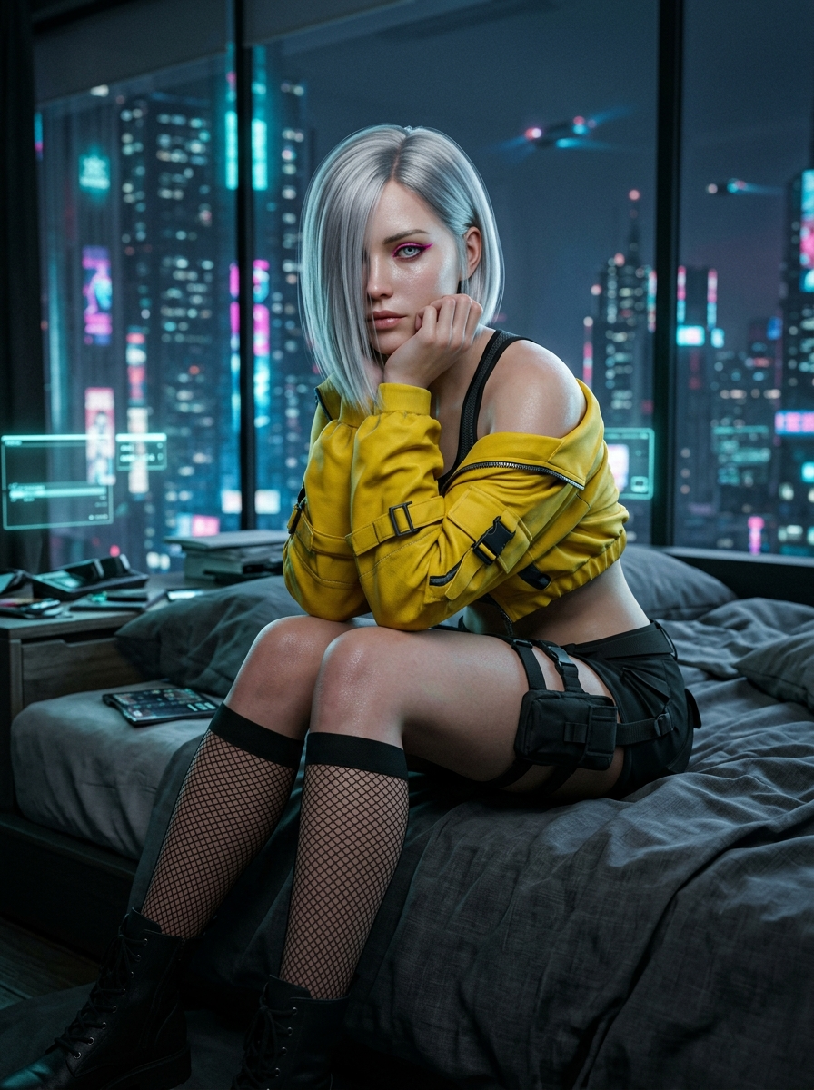 3D CG silver netrunner in cyberpunk loft