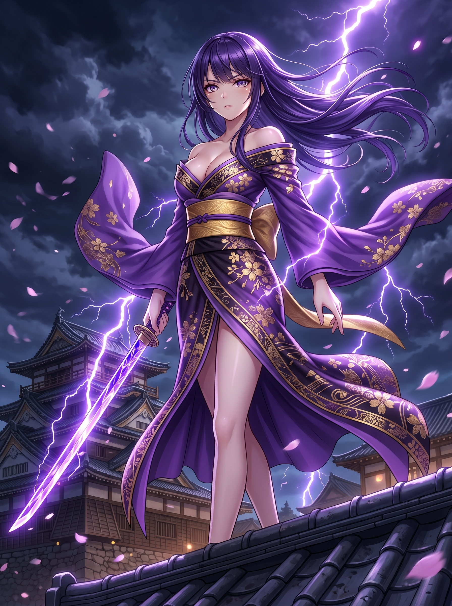 Anime warrior girl with violet lightning on rooftop
